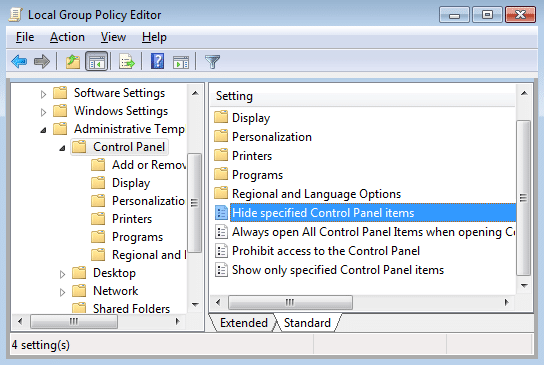 Select Control Panel then in the right window double click on Hide Specified Control Panel Items