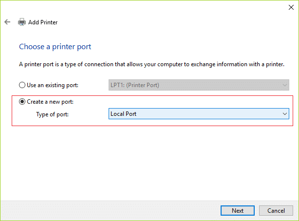 Select Create a new port and then from type of port drop-down select Local Port and then click Next