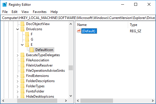 Select Defaulticon then in the right window pane double-click on the (Default) string