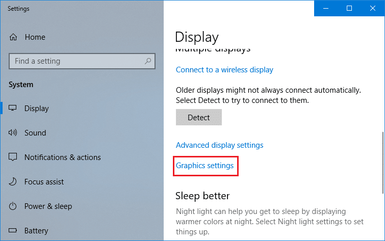 Select Display then click on Graphics settings link at the bottom