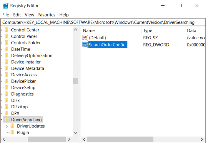 Select DriverSearching then in the right window double-click on SearchOrderConfig