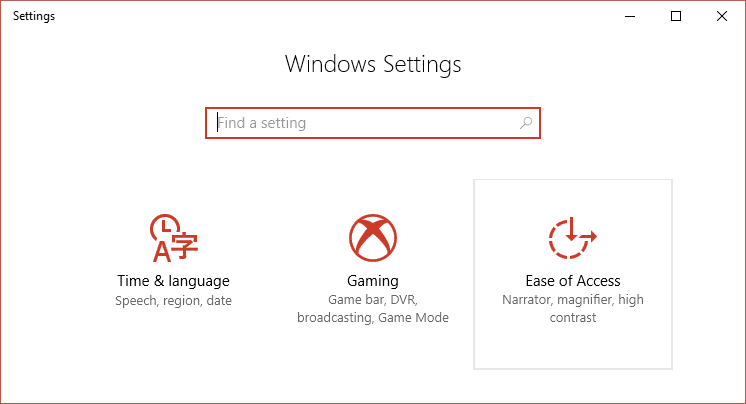 Odaberite Lakoća pristupa u Windows postavkama