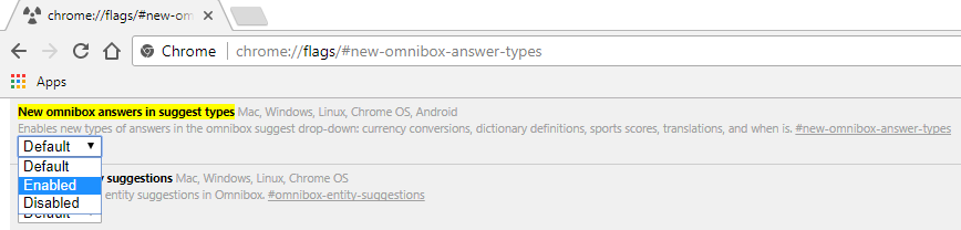 Select Enabled from the dropdown under New omnibox answers in suggest types