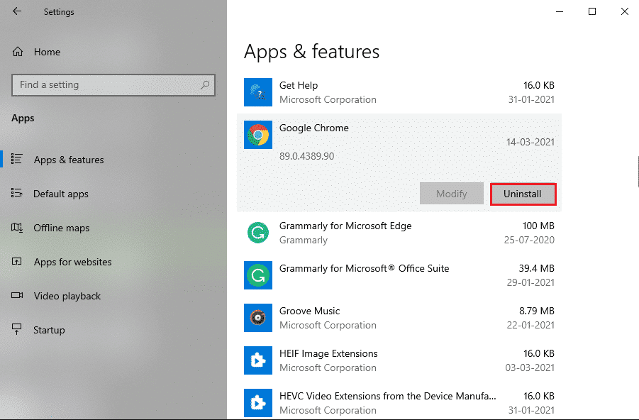 Select Google Chrome and tap on Uninstall