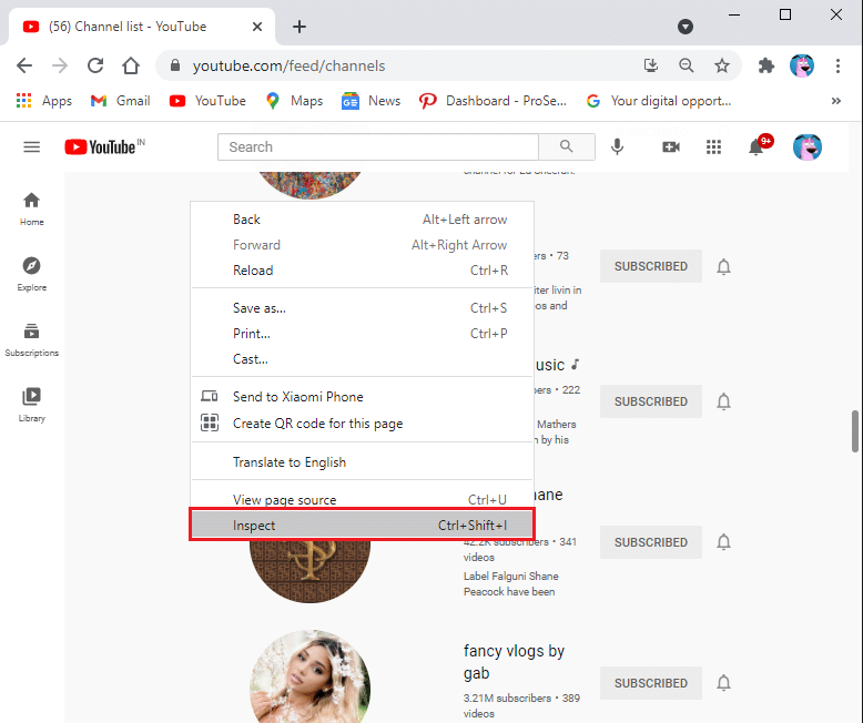 Select Inspect (Q) option | How to Mass Unsubscribe YouTube Channels at Once