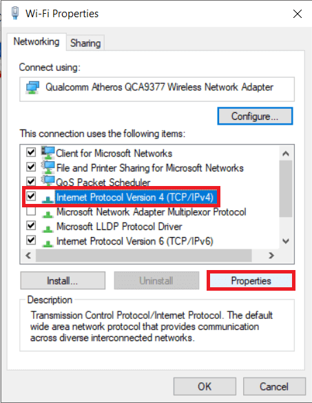 Select Internet Protocol Version 4 (TCPIPv4) and click on the Properties | Fix Can't Connect Securely to this Page Error 