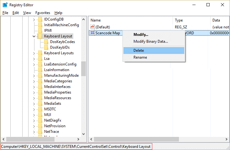 Select Keyboard Layout and then right-click on Scancode Map key and select Delete