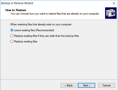 Select Leave existing files (Recommended) and then click Next