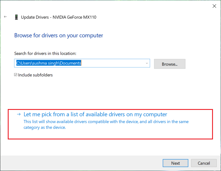Select Let me pick from a list of device drivers on my computer