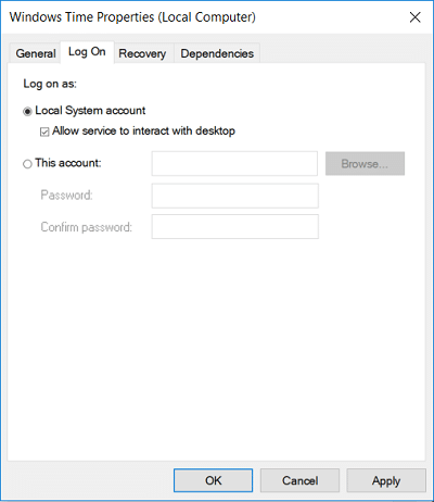 Select Local System Account then checkamark Allow service to interact with Desktop
