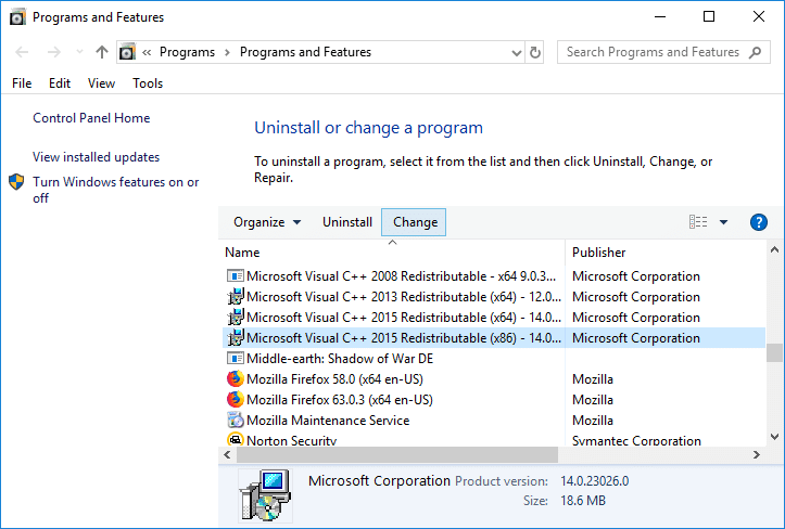 Seleccione Microsoft Visual C++ 2015 Redistributable y luego, en la barra de herramientas, haga clic en Cambiar