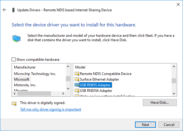 Select Microsoft then from right window select USB RNDIS6 Adapter