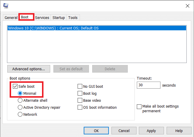 Under Boot options, tick/check the box next to Safe boot. Select Minimal and click on OK