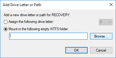 Select Mount in the following empty NTFS folder option then click Browse