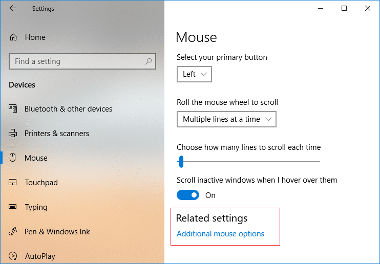 Select Mouse from the left-hand menu & then click on Additional mouse options