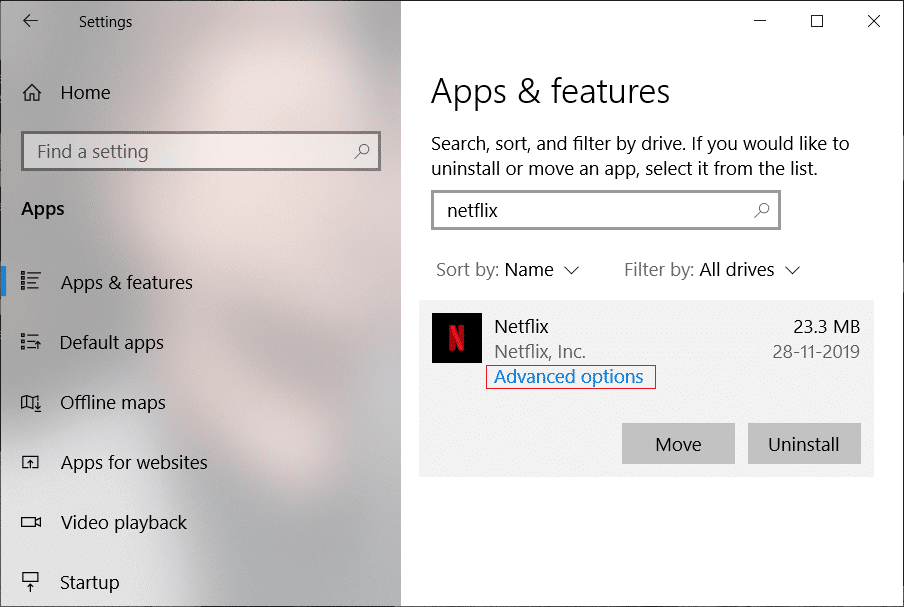 Select Netflix app then click on the Advanced options link