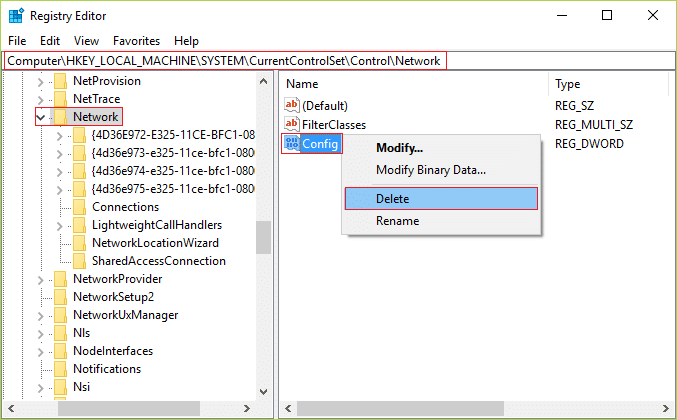 Select Network in the left window pane and then from the right window find Config and delete this key.