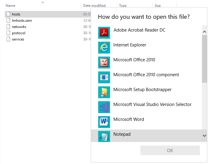 Select Notepad and click on Ok