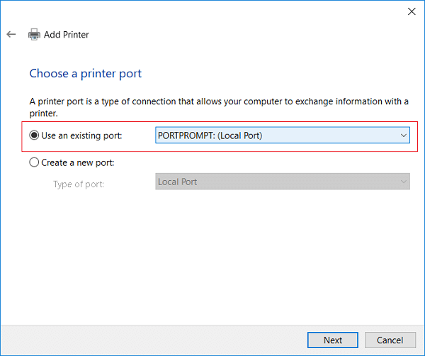Select PORTPROMPT (Local Port) from Use an existing port drop-down