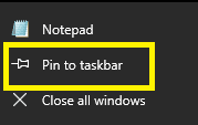 Select Pin to Taskbar option