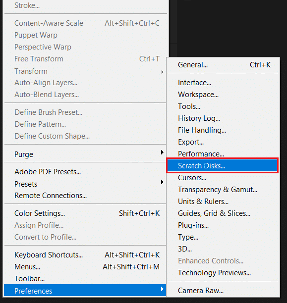 Select Preferences then Scratch Disk