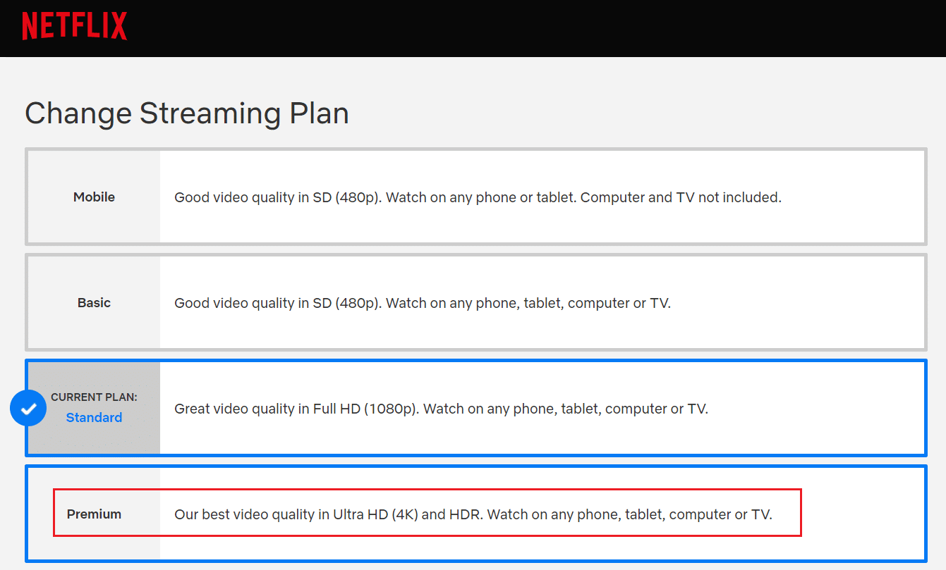 Select Premium from the Change Streaming Plan window