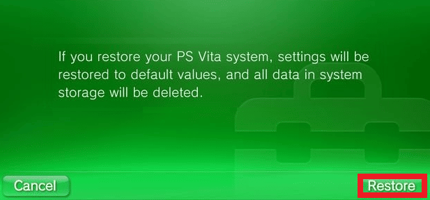 Select Restore - Yes to confirm the reset | How to Perform PSP Vita Hard Reset