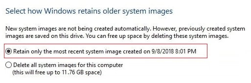 Select Retain only the most recent system image then click OK