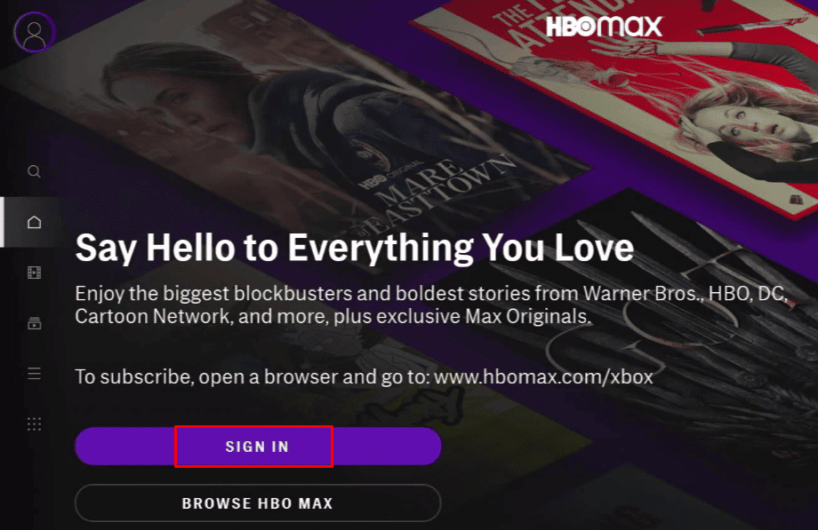 Selectați CONECTARE pentru a vă conecta la contul dvs. HBO Max folosind datele de conectare ale contului