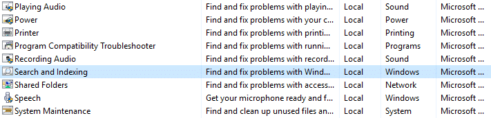 Select Search and Indexing option from Troubleshooting options
