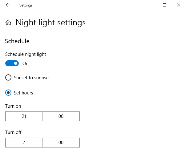 Select Set hours then configure the time for which you want to use the night light
