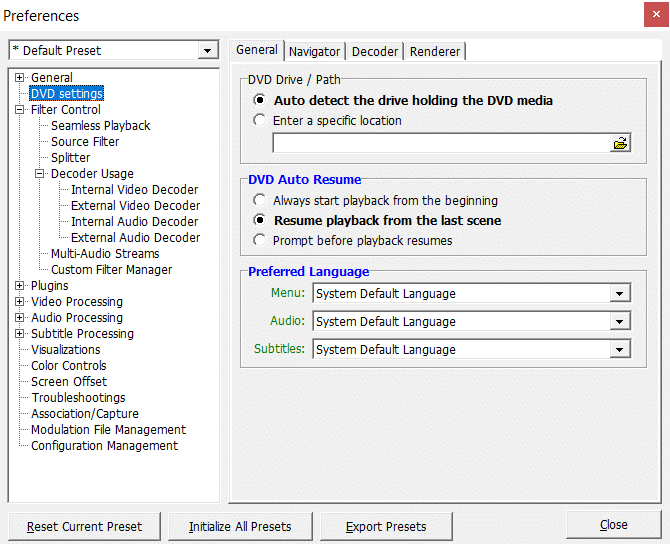 Select Settings and then to DVD preferences