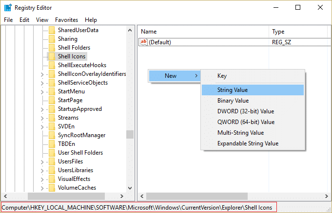 Select Shell Icon then right-click and then select New then String Value