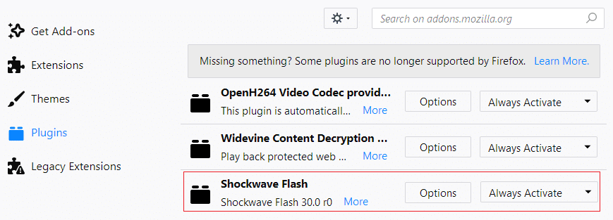 Select Shockwave Flash then from the drop-down menu select Ask to activate or Always activate