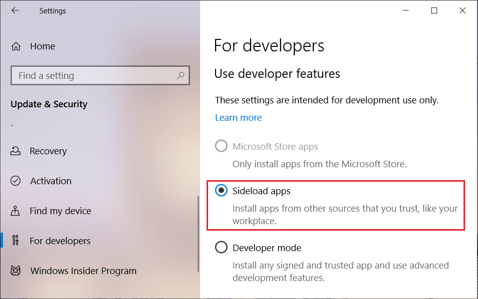 Select Sideload apps under the Use developer features section