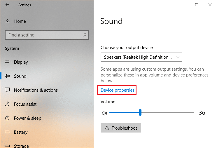 Select Sound then click on Device properties under your output device