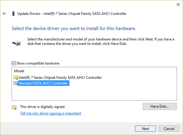 Select Standard SATA AHCI Controller from the list and click Next