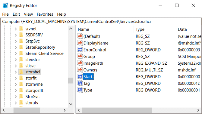 Select Storahci then double-click on Start DWORDSelect Storahci then double-click on Start DWORD