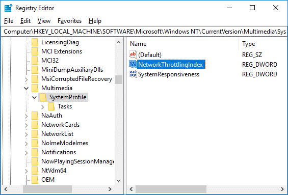 Select SystemProfile then in the right window pane double-click on NetworkThrottlingIndex