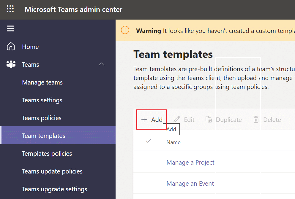 Select Team templates from the admin center
