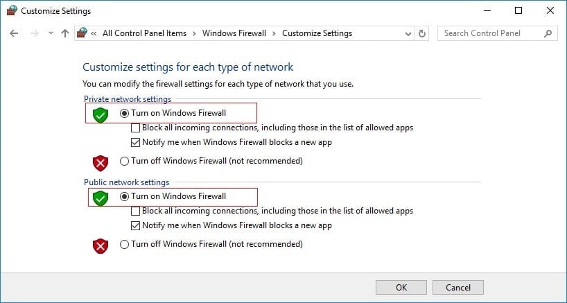 Select Turn On Windows Firewall then click OK