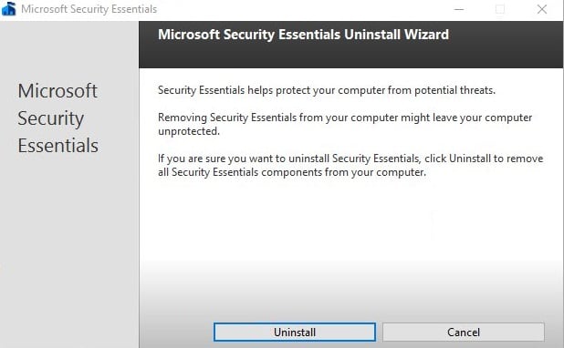 Select Uninstall in Microsoft Security Client window