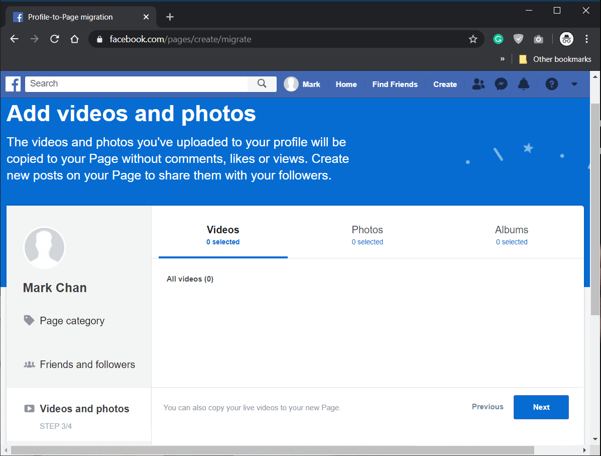 Select Videos, Photos, or Albums to be copied on your new page