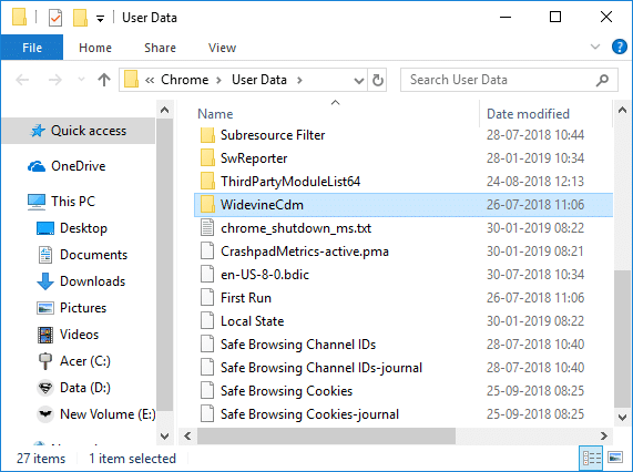 Select WidewineCdm folder then press Shift + Del to permanently delete this folder