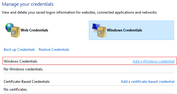Выберите «Учетные данные Windows» и нажмите «Добавить учетные данные Windows».