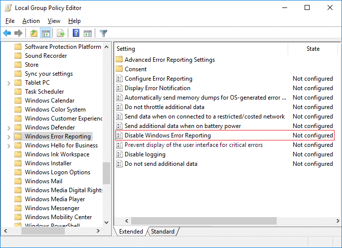 Select Windows Error Reporting then in right window pane double-click on Disable Windows Error Reporting policy