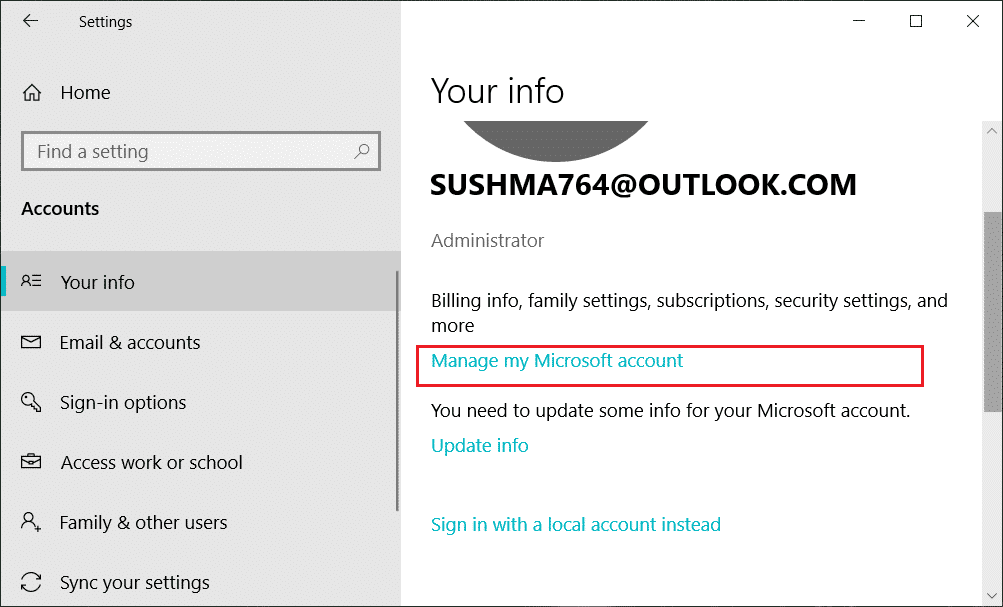 Выберите «Ваша информация», затем нажмите «Управление моей учетной записью Microsoft».