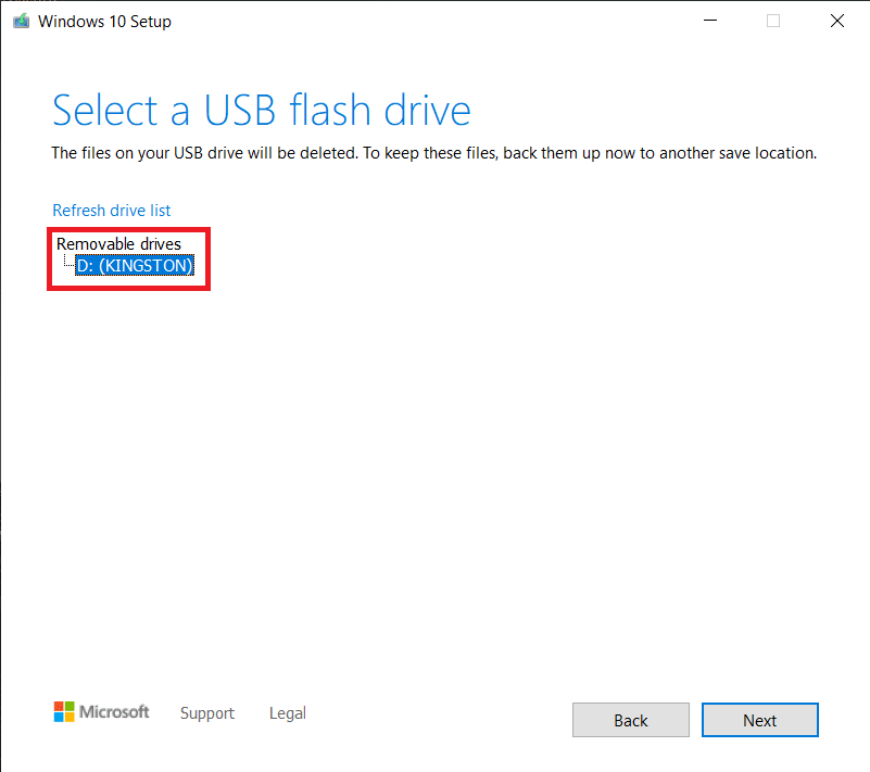 Select a USB flash drive screen