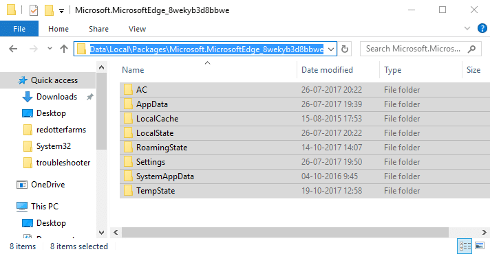 Select all the files inside Microsoft Edge folder and permanently delete all of them