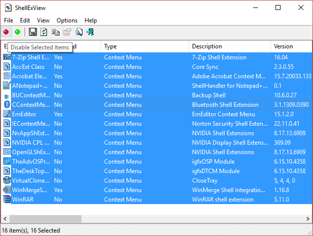 Выделите все элементы, удерживая CTRL, а затем отключите выбранные элементы | Исправить медленное контекстное меню при щелчке правой кнопкой мыши в Windows 10